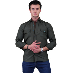 Camisa de vestir informal para hombre de estilo occidental con bolsillos dobles en el pecho de lino/algodón de punto transpirable de color verde - Product Image 3