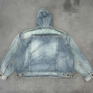 Sweat-shirt à capuche en jean bleu vintage surdimensionné et épais, patchwork, déchiré, de haute qualité, pour homme - Product Image 2