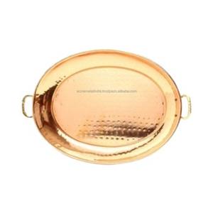 Bandeja para servir alimentos chapada en cobre de forma ovalada con trabajo martillado y asa para el hogar y la cocina Bandeja para servir de cobre ideal en la India - Product Image 1