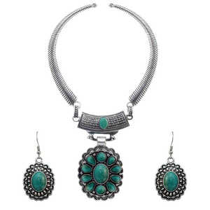 Urthn Fashion Jewelry Collier manchette plaqué rhodium en pierre turquoise Set-1107507B - Product Image 1