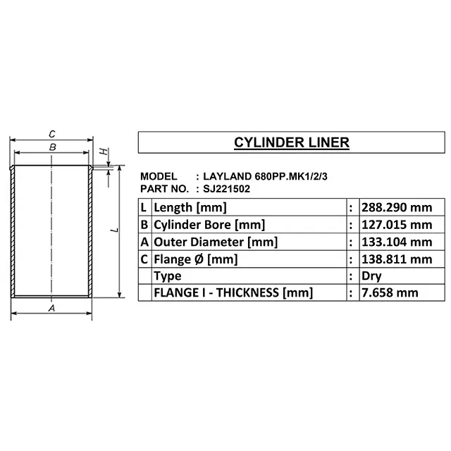 Layland 680pp.mk1/2/3 para Dry cilindro forro oe sj221502 id 127.015 od 133.104 comprimento 288,29 feitas na índia