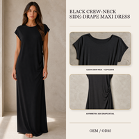 Robe longue noire à col rond et drapé latéral avec manches courtes pour collections de boutiques, fabricant de robes de soirée en marque blanche