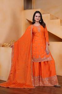 Ensemble Salwar Kameez Traditionnel Fait Main en Soie Georgette 100% Pure, Couleur Magnifique, Taille S à XXL - Product Image 3
