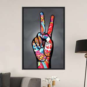 Graffiti Peace Hand Art Canvas Print - Modern Pop Art Decor,BLACK <b>FRAMED</b> CANVAS - Product Image 1