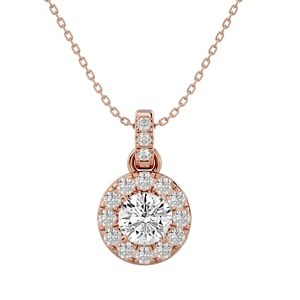 Collier pendentif en or rose avec diamant rond taille brillant, serti en halo, chaîne classique pour femme - Product Image 1