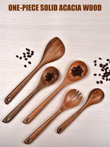 Cuillères de cuisine en bois, ensemble d'ustensiles de cuisine pour le service, cuillère en bois d'acacia, ustensiles de cuisine essentiels pour l'appartement, coin en bois - Product Image 5