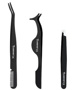 Pince à cils 3 pièces de haute qualité avec outil d'application de peigne pour pince à cils individuelle en acier inoxydable noir - Product Image 1