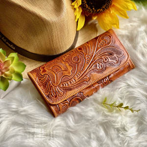 Beautiful Design Lady Floral Hand Tool Carving Genuine Leather Portable Clutches <b>Phone</b> Case Card Stylish Turquoise Flower Wallet - Product Image 1