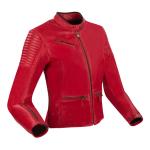 Veste matelassée rouge en cuir véritable pour femmes Veste de moto en cuir protégé blindé CE pour hommes - Product Image 1