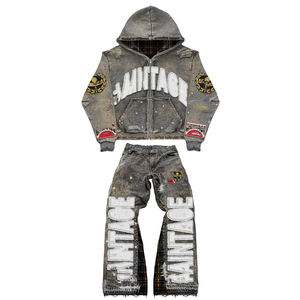 ชุดเซ็ตเสื้อฮู้ดดี้ทรงหลวมโอเวอร์ไซส์แบบสตรีทแวร์ประดับคริสตัลสำหรับผู้ชาย พร้อมกางเกงขายาวทรงบาน - Product Image 2