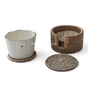 Handwoven Natural Rattan <b>Coaster</b> <b>Set</b> With Storage Tray Crafted By Vietnamese Artisans For Home Use - Product Image 1