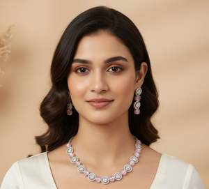 Ensemble collier et boucles d'oreilles en pierre AD de luxe pour femmes en gros avec pierre blanche et diamants roses pour femmes, à porter pour les fêtes - Product Image 2