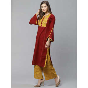 ชุดคุर्ตาผ้าฝ้ายสลับและผ้าแคมบริคทรงตรงปกติสำหรับผู้หญิง พร้อมกางเกงปาลาซโซ สีมารูน ขนาด 46 นิ้ว สวมใส่สบาย - Product Image 5