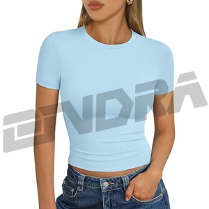 T-shirt en coton extensible pour femme, coupe ajustée, col rond, doux, respirant, manches courtes, haut décontracté pour un usage quotidien, confort et mode - Product Image 2