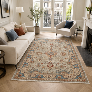 Alfombra lavable tradicional de color blanco roto con medallón elegante de Netline Home - Product Image 1