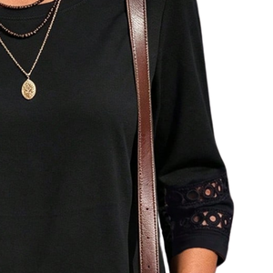 Haut décontracté noir à manches longues pour femme, col rond, coupe ample, avec détail de manches en dentelle, élégant, pour le quotidien - Product Image 5