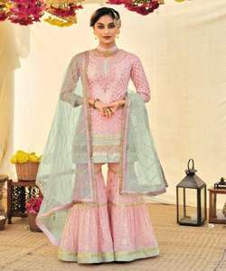 Bollywood Georgette con bordado de seda suave trabajo con Secuencia de hilo trabajo Top Palazzo con Dupatta ropa de boda al por mayor ropa Gharara - Product Image 5