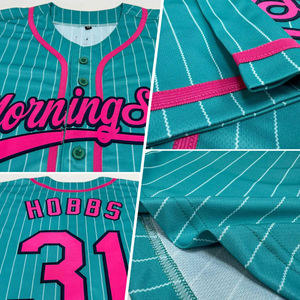 Maillot de baseball personnalisé uniforme d'équipe boutonné bleu sarcelle et rose à fines rayures nom personnalisé numéro 100% tissu polyester à séchage rapide - Product Image 4