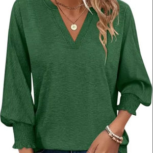 Tops de manga 3/4 con cuello en V para mujer, camisas casuales elegantes, blusa holgada bonita 2025 - Product Image 2