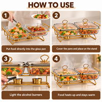 Plat de service en verre 4,5 L avec cadre en acier inoxydable doré, chauffe-plat à alcool pour buffet, idéal pour hôtels, restaurants et traiteurs (vente en gros)