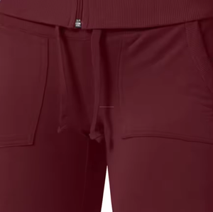 Chic Borgoña Zip-Up Sudadera con capucha y pantalones acampanados Conjunto Elegantes Tops largos con adornos vintage Puños para ropa casual Días activos - Product Image 6