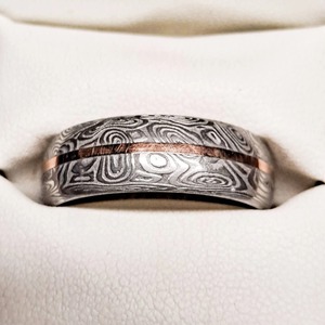 A <b>Stainless</b> Damascus <b>Steel</b> <b>Ring</b>, Hand Forged With An Inlay Of Rose Gold Gift For Your Engagement And Your Weeding. - Product Image 3