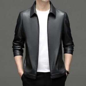 Veste en cuir rétro pour hommes, manteau de motard à col montant et coupe ajustée, vêtements d'extérieur d'hiver longs - Product Image 3