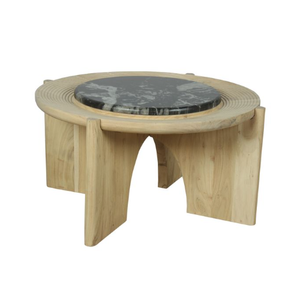 Table basse ronde en bois d'acacia massif et marbre noir de Gênes Table basse en bois sculpté Meubles de salon élégants Caractéristique décorative - Product Image 1