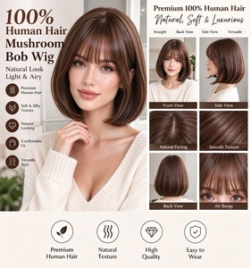 วิกผมบ๊อบทรงเห็ดทำจากผมแท้ 100% สีน้ำตาล วิกผมบ๊อบสั้นพร้อมหน้าม้าตรงธรรมชาติสำหรับผู้หญิง - Product Image 6
