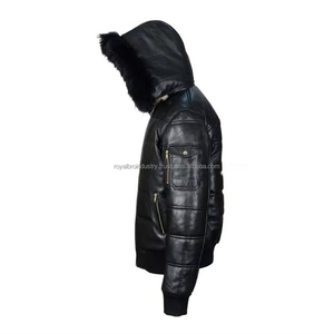 Doudoune noire en similicuir pour homme avec capuche en fourrure | Vestes d'hiver chaudes pour hommes - Product Image 4