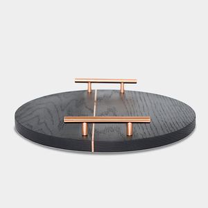 Modern Round Wooden Serving Tray With Two Tone Natural Wood Design Brass Handles Decorative Platter For Home Hotel <b>Gift</b> Use - Product Image 5