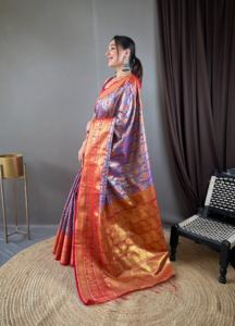 Ropa de fiesta de calidad de diseñador Kanjivaram Semiseda Sarees Traje de tendencia Blusa de lujo Trabajo de tejido para adultos-Mayorista DE LA India - Product Image 3