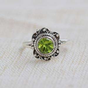 Handmade Rhodium Plated Peridot Ring 925 Sterling Silver Round Gemstone February Birthstone Luxury Jewelry Gift for Women - Product Image 1
