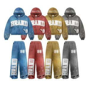 Wholesale Heavyweight Distressed Tracksuit Unisex <b>Embroidery</b> Patch Pullover Acid Washed Oversize Men Suit Streetwear Casual <b>Set</b> - Product Image 6