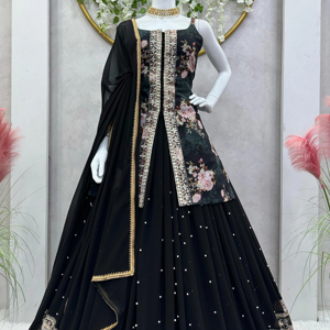 Impresión digital Faux Georgette Lehenga con hilo y trabajo de secuencia semicosido M 42 Micro remache interior motivo y encaje Dupatta - Product Image 1