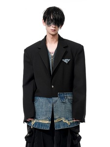 2025 diseño de nicho abrigos a medida personalidad imitación de dos piezas empalmado Denim Blazers hombre guapo traje de manga larga chaquetas para hombres - Product Image 6