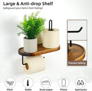Soporte de papel higiénico-con estante, soporte de papel higiénico de madera marrón Montaje en pared Rollo de papel higiénico de metal negro - Product Image 2