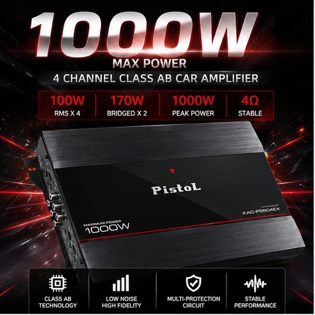 High Power 4 Channel Class AB 100W RMS 170W Bridged 1000W Peak Car Audio Amplifier for Stereo System KAC-PS804EX