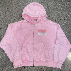 ชุดแทรคสูทซิปประดับเพชรเทียมแบบกำหนดเอง สำหรับผู้ชายและผู้หญิง สไตล์สตรีทแวร์ ขอบม้วน งานปักลายต่อผ้า เสื้อผ้าผู้ชาย OEM ทันสมัย - Product Image 2