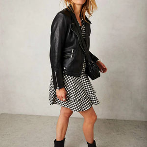 Haute qualité noir femmes longue coque souple veste en cuir respirant toile matériel avec fermeture éclair en gros brut appelant accessoire - Product Image 3