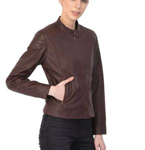 แจ็คเก็ตหนังแกะสีน้ำตาลเข้มสำหรับผู้หญิง ระบายอากาศได้ดี แบบเย็บติดกัน มีซิป ทรงนักแข่ง บุด้วยผ้าฝ้าย - Product Image 6