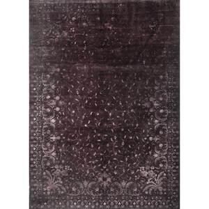 Alfombra de Lana y Seda Anudada a Mano en Gris Azalea y Negro, con Patrón Floral y Abstracto, Rectangular, Modelo para Pasillo, Dormitorio - Pae-6149 - Product Image 1