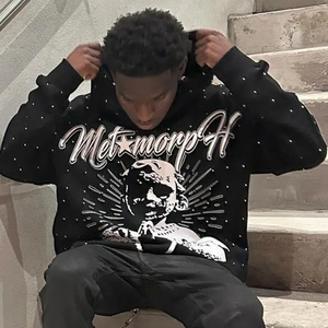 Custom Oversized Heavyweight Vintage Stone Wash Applique Embroidery Patch Distressed Rhinestone Boxy Zip up Hoodie for <b>Men</b> - Product Image 3