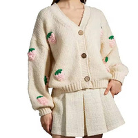 Vintage Damen Herbst Casual Kurze Strickjacke Einreihiger Knopfverschluss Langarm Off-Shoulder V-Ausschnitt Einfarbig