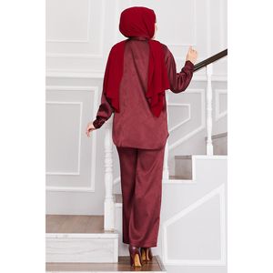 Conjunto de 2 piezas de pantalón doble de Jacquard Conjunto de pantalones cortos de invierno rojo clarete para mujer Tallas de disponibles - Product Image 4