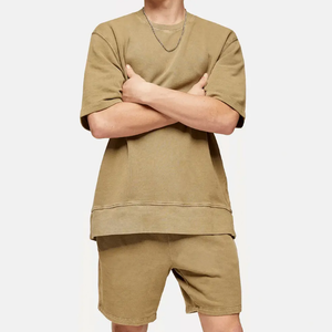 ชุดเสื้อยืดและกางเกงขาสั้นผู้ชายผ้าฝ้าย 100% ทรงโอเวอร์ไซส์ ล้างสีแล้ว คุณภาพสูง ผลิตตามสั่ง พร้อมสกรีนโลโก้ ขายส่ง - Product Image 1