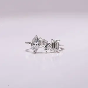 ファンシーカットスリーストーンラボ成長ダイヤモンド結婚指輪、梨-マーキス-エメラルドカット地球に優しいダイヤモンドリングギフト