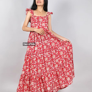 Vestido Largo Estilo Bohemio, Vestido Largo de Algodón Indio con Estampado de Bloques, Patrón Sólido, Temporada Verano/Otoño - Product Image 1