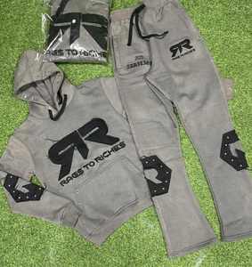 Ensembles de survêtements de haute qualité pour femmes et hommes, en coton épais 100%, avec pantalons de survêtement empilés, ensemble jogger et sweats à capuche brodés effet vieilli - Product Image 1