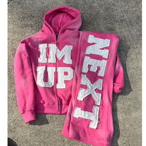 Conjunto de sudadera con capucha y pantalones de chándal con parche desgastado de talla grande para hombre con logotipo personalizado Chándal de Jogger de lavado ácido vintage con cremallera - Product Image 1